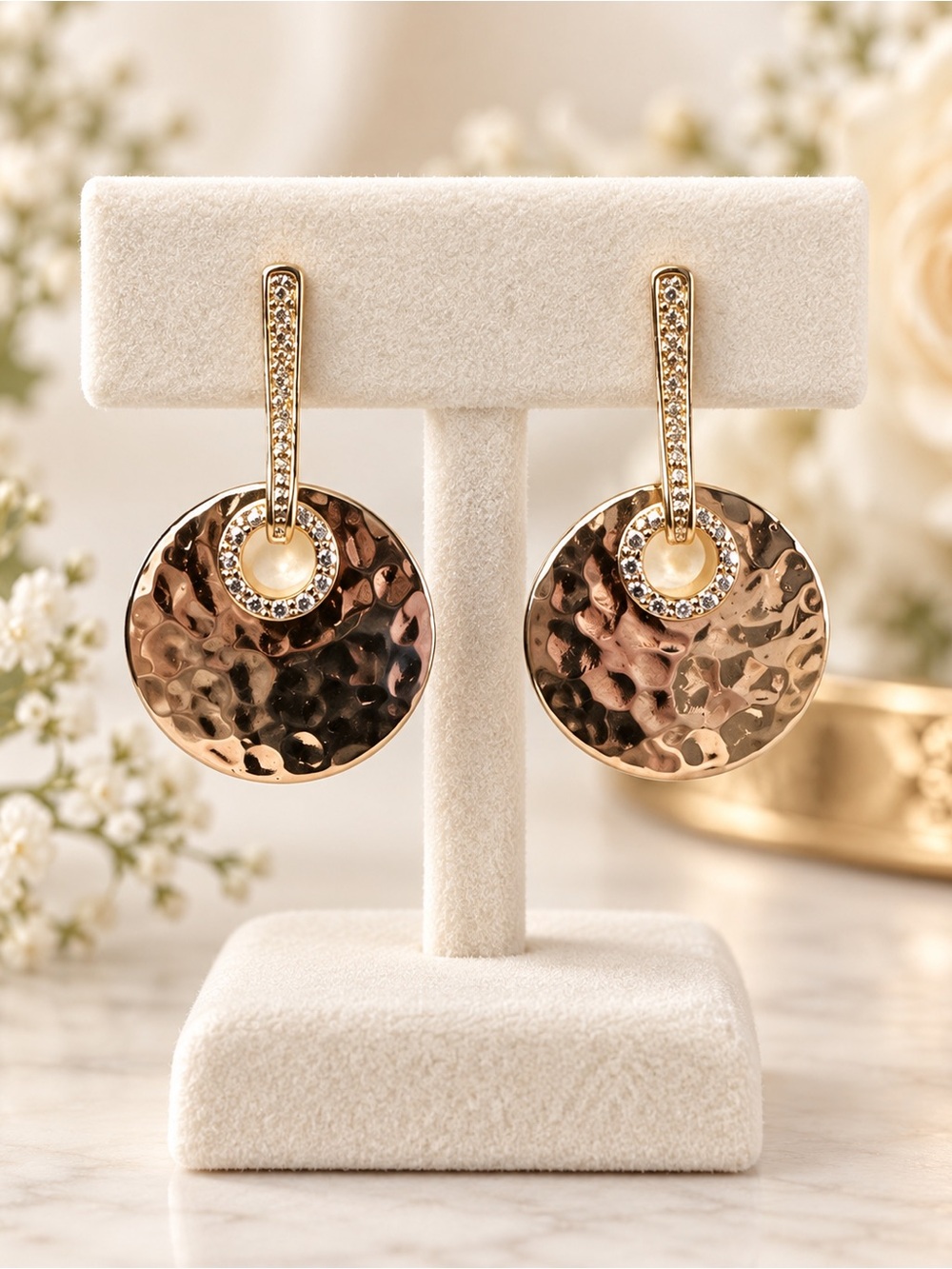 Hammered Gold-Tone Disc Drop Earrings with Crystal Halo